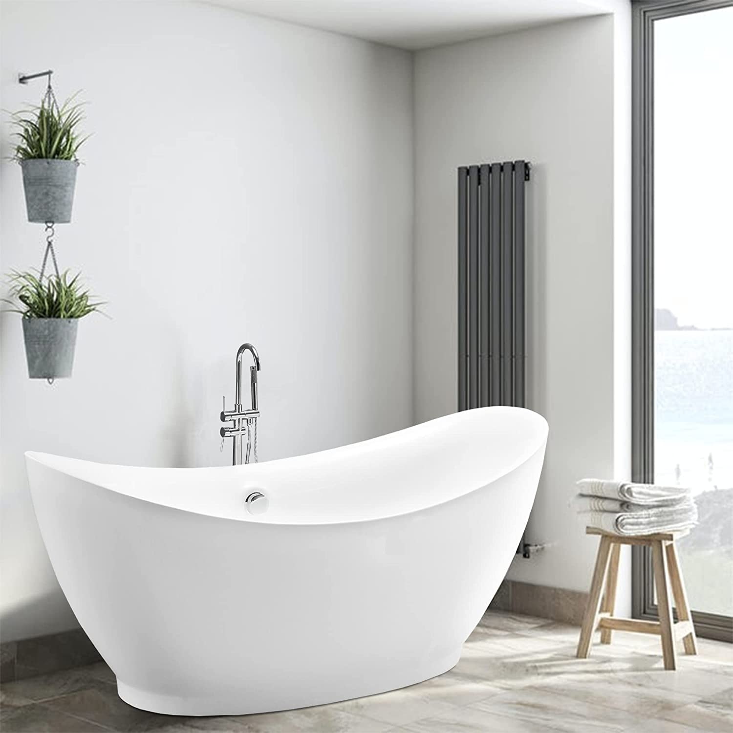 Vanity Art 59" or 67" Stone Resin Oval Freestanding Bathtub, Soaking Tub with Overflow and Pop